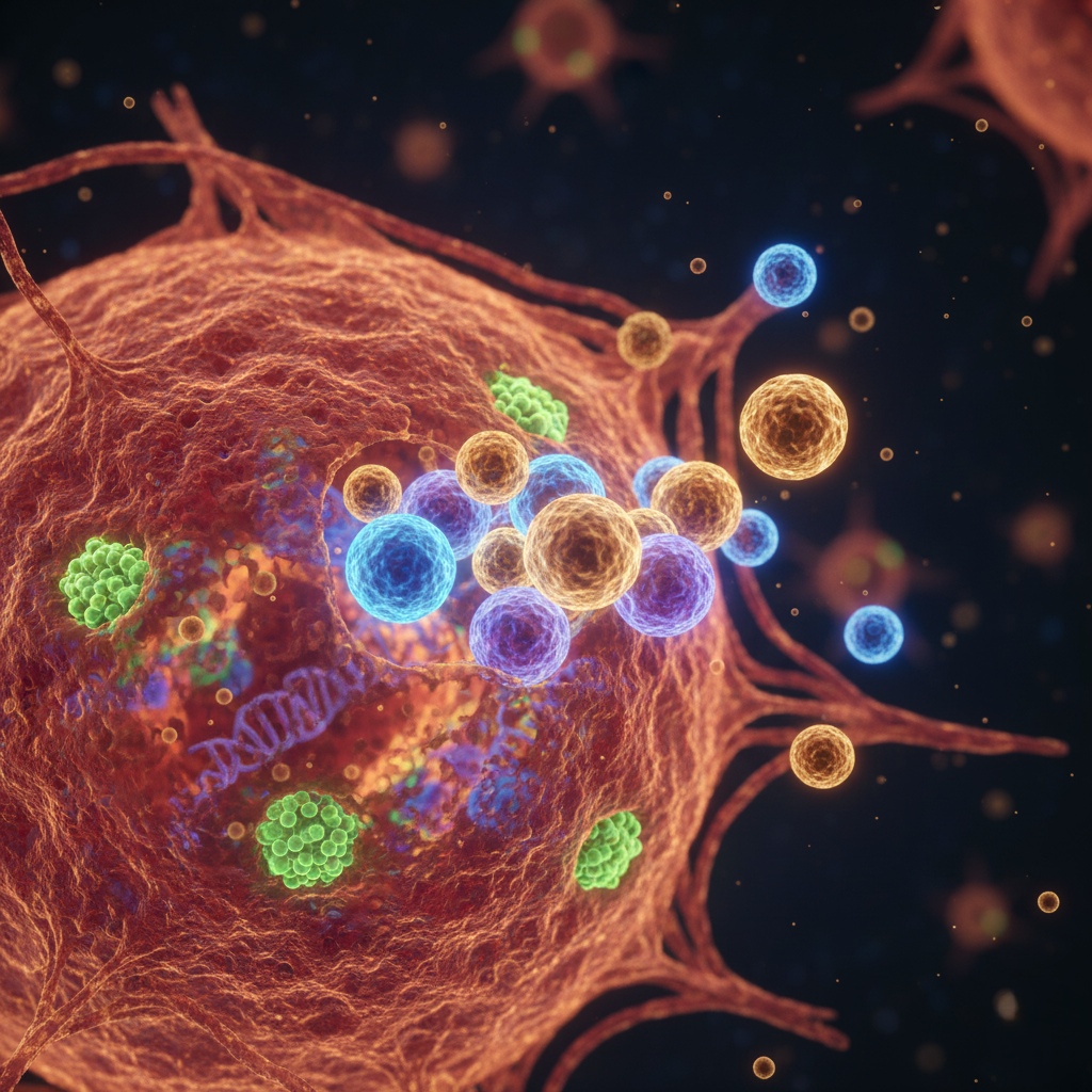 Microscopic view of exosomes interacting with cells.