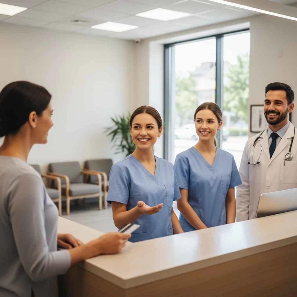 friendly clinic team greeting a patient at reception