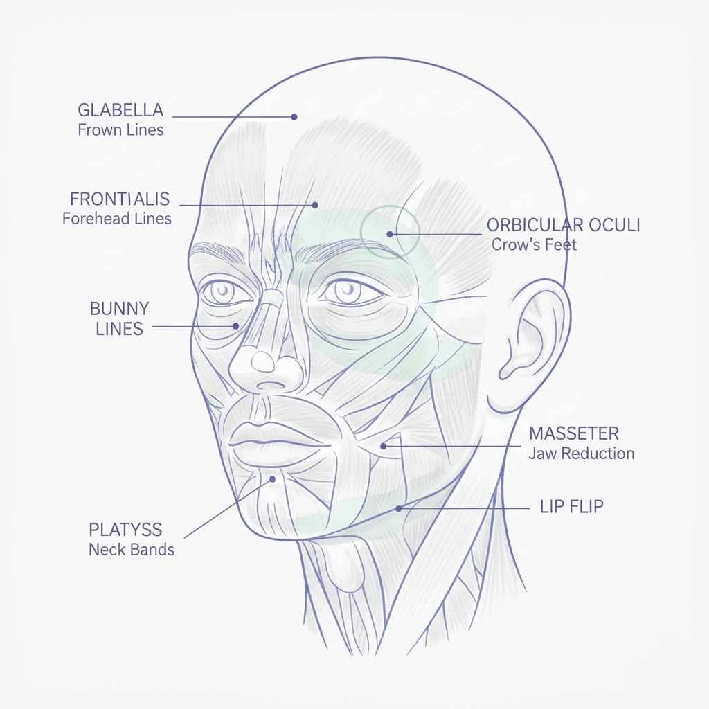 showing facial diagram with common Botox zones (tasteful, educational graphic)