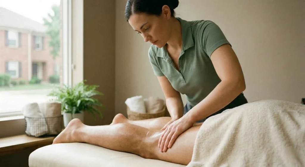 therapist working on athlete’s leg muscles